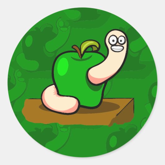Gelukkige worm in groene appel ronde sticker (Voorkant)