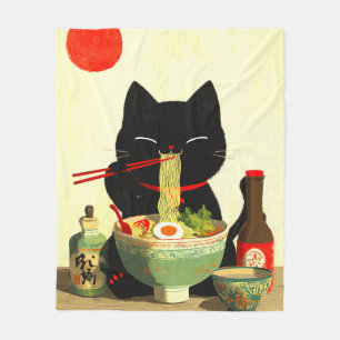 Gelukkige zwarte kat die Ramen eet Japanse Ukiyo Fleece Deken
