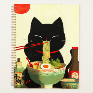 Gelukkige zwarte kat die Ramen eet | Japanse Ukiyo Planner