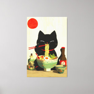 Gelukkige zwarte kat eet Ramen Japanse Ukiyo-e Canvas Afdruk