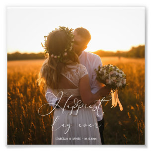 Gelukkigste dag ooit elegante kalligrafie bruiloft foto afdruk