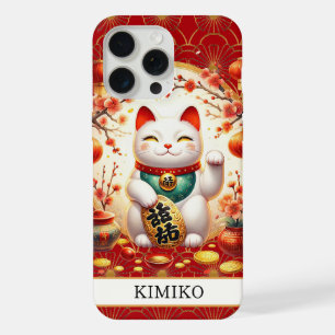 Gelukskat Met Gouden Munten Op Rode Monogram iPhone 15 Pro Max Hoesje