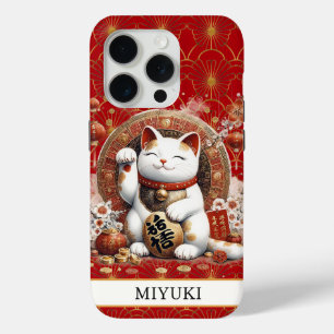 Gelukskat Met Vergulde Munten Monogram iPhone 15 Pro Case