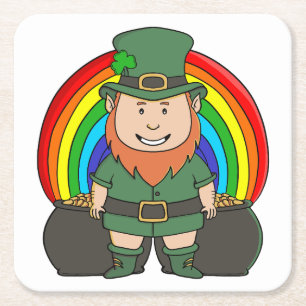 Geluksvogel Leprechaun met Regenboog Pot met Goud Vierkante Kartonnen Onderzetter