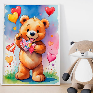 Gelukzalige teddybeer met hartgeschenk en ballonne poster