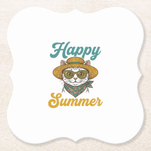 Gelukzalige Zomer Kat Vintage Gravure Shirt Ontwer Kartonnen Onderzetters