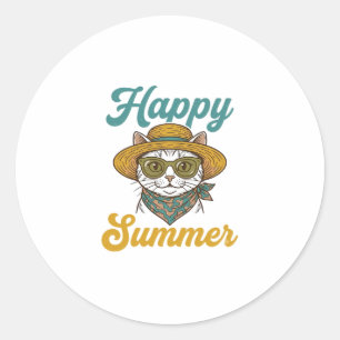 Gelukzalige Zomer Kat Vintage Gravure Shirt Ontwer Ronde Sticker
