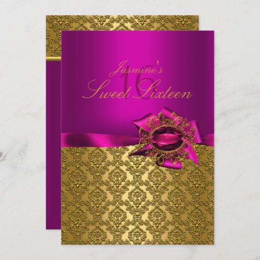 Gem & Bow| Pink Sweet 16 Invitation (Devant / Derrière)