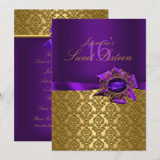 Gem & Bow|Purple Sweet 16 Invitation (Devant / Derrière)