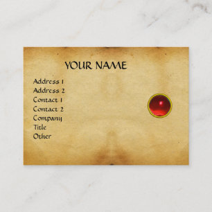 GEM MON, RED RUBY, GRAY AGATA, bruine perkament Visitekaartje