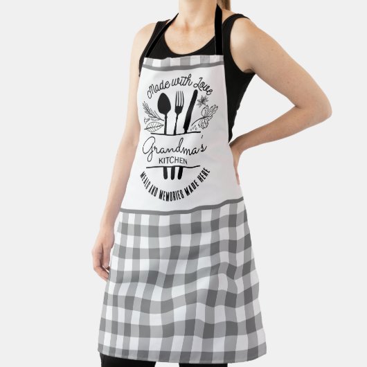 Gemaakt met liefde Custom Name Grey Buffalo Plaid Schort (Insitu)