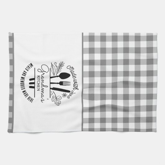 Gemaakt met liefde Custom Name Grey Buffalo Plaid Theedoek (Horizontaal)