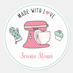 Gemaakt met Liefde / Gebakken met Liefde Roze Blau Ronde Sticker