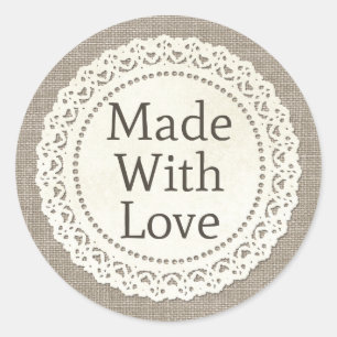 Gemaakt met liefde landelijke kant randje op jute ronde sticker