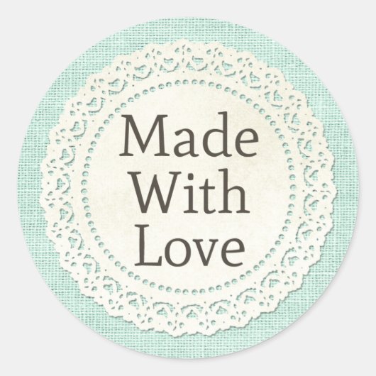 Gemaakt met liefde landelijke kant randje op jute ronde sticker (Voorkant)