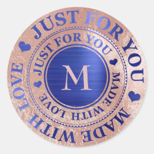 Gemaakt met Liefde Monogram Roos Goud Kobalt Blauw Ronde Sticker