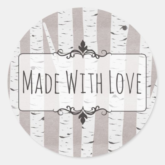 Gemaakt met liefde rustieke berk hout bomen & takk ronde sticker (Voorkant)