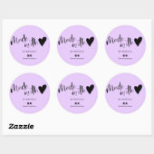 Gemaakt met liefde script minimalistisch paarse ronde sticker (Vel)