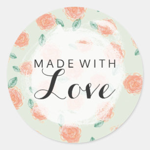 Gemaakt met liefde Shabby Chic koraal Rozen op Min Ronde Sticker