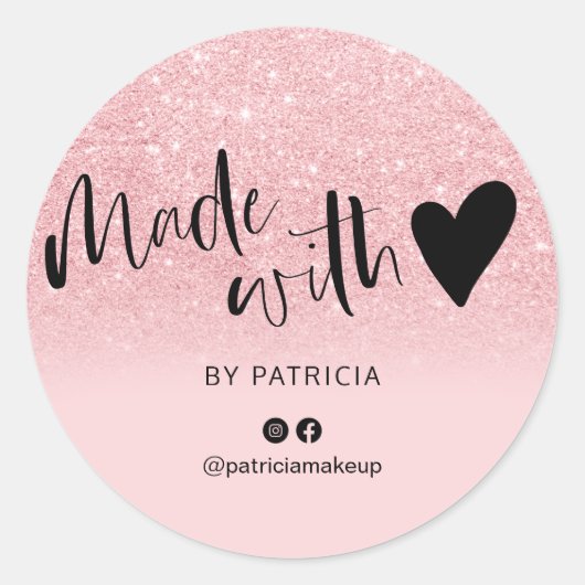 Gemaakt met liefdesscript roze glitter sparkles ronde sticker (Voorkant)