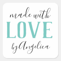 Gemaakt met Love Script Turquoise Business Vierkante Sticker