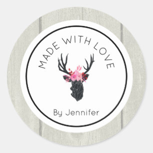 Gemaakt van Liefde Geometrische Dieer Hoofd Rustic Ronde Sticker
