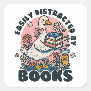 Gemakkelijk Afgeleid door Boeken Cute Gans Boekenw Vierkante Sticker