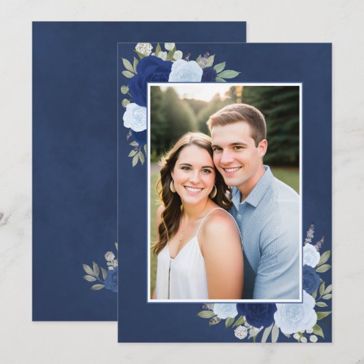Gemarmerde Blauwe Boho Rozen Foto Onderlay Wedding Kaart (Voorkant / Achterkant)