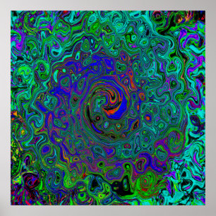 Gemarmerde Blauwe en Aquamarijn Abstracte Retro We Poster