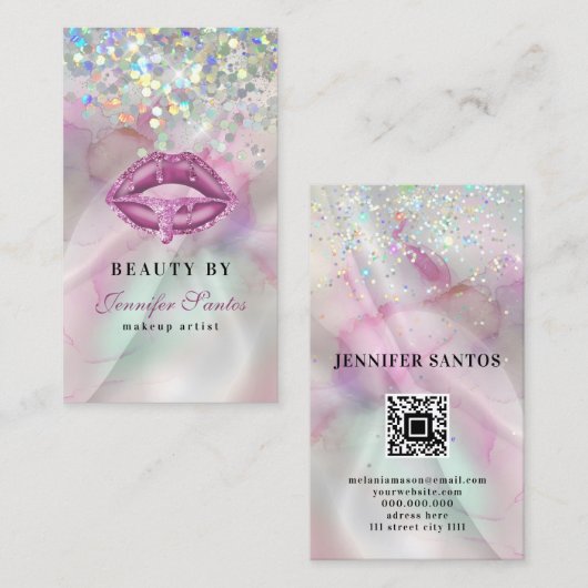 Gemarmerde Holografische Glitter Lippen QR Code Sc Visitekaartje (Voorkant / Achterkant)