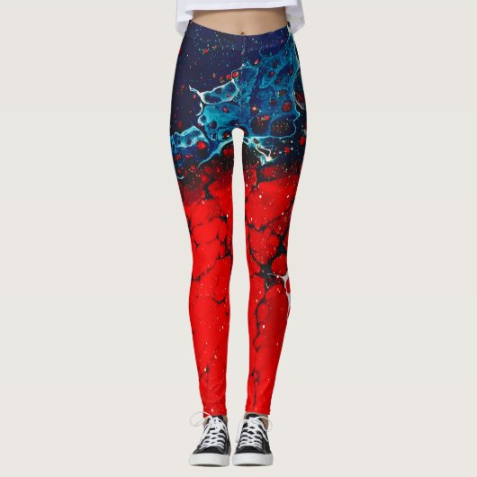Gemarmerde rood-witte en blauw-Abstracte Leggings (Voorkant)