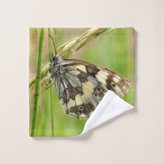 Gemarmerde witte vlinder op gras washandje (Wasdoekje)
