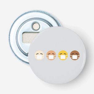 Gemaskeerde Emoji wordt geconfronteerd met maskers Button Flesopener