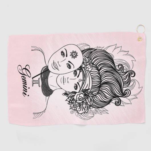 Gemaskerde Lady Gemini Zodiac Symbol en Sign Pink Golfhanddoek (Horizontaal)