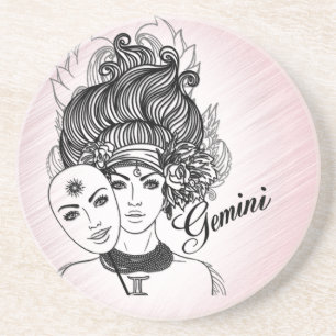 Gemaskerde Lady Gemini Zodiac Symbol en Sign Pink Zandsteen Onderzetter