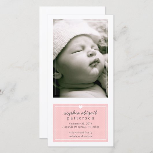 Gematigd gewoon meisje met geboorte Roze aankondig Aankondiging (Voorkant / Achterkant)