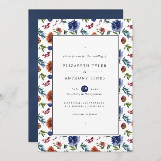 Gember en marine waterverf bloemen bruiloft kaart (Voorkant / Achterkant)