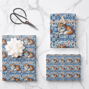 Gemberkat Blauw Witte Bloem Engels Delft Inpakpapier Vel