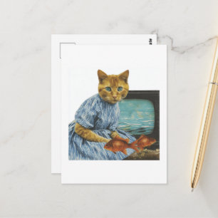 Gemberkat met Goudvis en TV Retro Collage Briefkaart