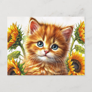 Gemberkat Met Zonnebloemen Aquarel Briefkaart