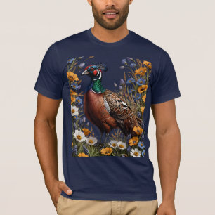 Gemeenschappelijke fazant onder paarse bloemen t-shirt