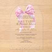 Gemelas Hijas Lazo Rosa Primer Añito Bautizo Acryl Uitnodigingen (Voorkant)