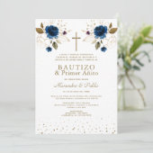 Gemelos Blauwe Bloemen Hijos Primer Añito Bautizo Kaart (Staand voorkant)