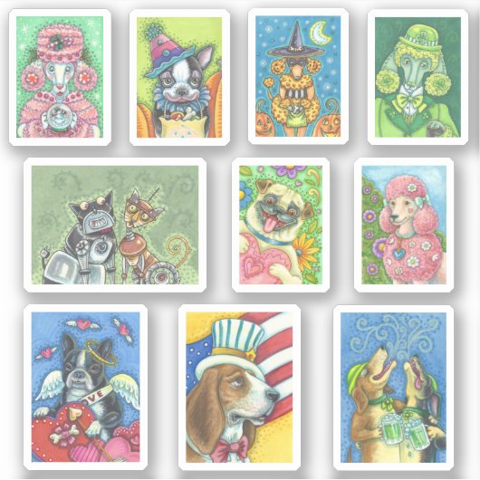 GEMENGD HOLIDAY DOGS ROBOT BOSTON POODLE HOUND PUG STICKER (Voorkant)