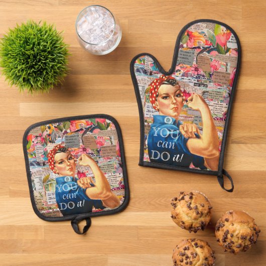 Gemengde Media Inspirerend Rosie de Riveter Ovenwant & Pannenlap Set (Top down)