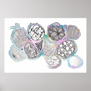 Gemengde media, zwart-wit, doodle, waterverf poster