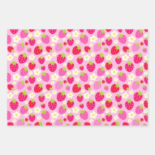 Gemengde roze en rode zomeraardbeien en bloemen inpakpapier vel (Voorkant 2)