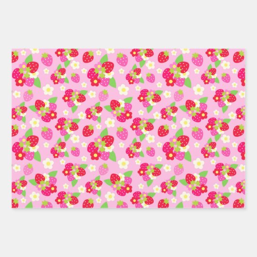 Gemengde roze en rode zomeraardbeien en bloemen inpakpapier vel (Voorkant 3)