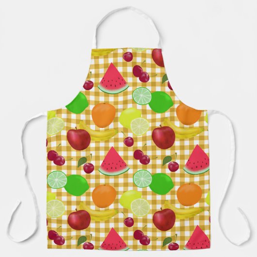 Gemengde vruchten Geel Witte Gingham Check Schort (Voorkant)