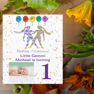 Gemini First Birthday Gold, ballonnen en foto's Kaart